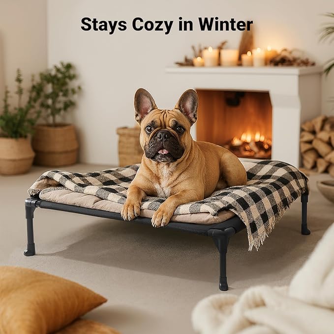Veehoo Outdoor Elevated Dog Bed for Medium Dogs, Cooling Raised Dog Cots Beds Training Platform Off Ground Hammock with Breathable Mesh, No-Slip Feet, 32"x25", Black Silver