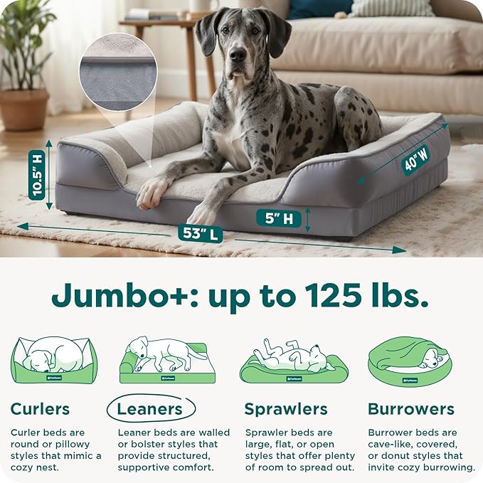 FurHaven Cooling Gel Dog Bed for Large Dogs, Perfect Comfort Sofa Bed with Cool Gel-Top & Orthopedic Foam Base, Removable Washable Cover, Jumbo Plus/XXL, Plush & Velvet, Granite Gray