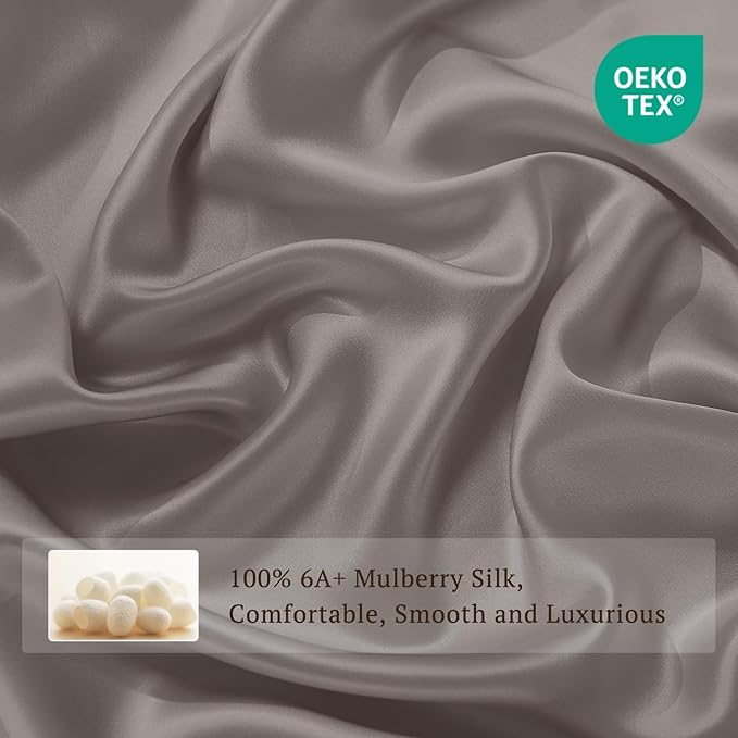 THXSILK Silk Sheet Set 4Pcs, 6A+ Top Grade 100% Pure Mulberry Silk Bed Sheets Ultra Soft Durable Luxury Bedding Sets, 1 Fitted Sheet, 1 Flat Sheet and 2 Pillowcases (Twin-XL, Charcoal)