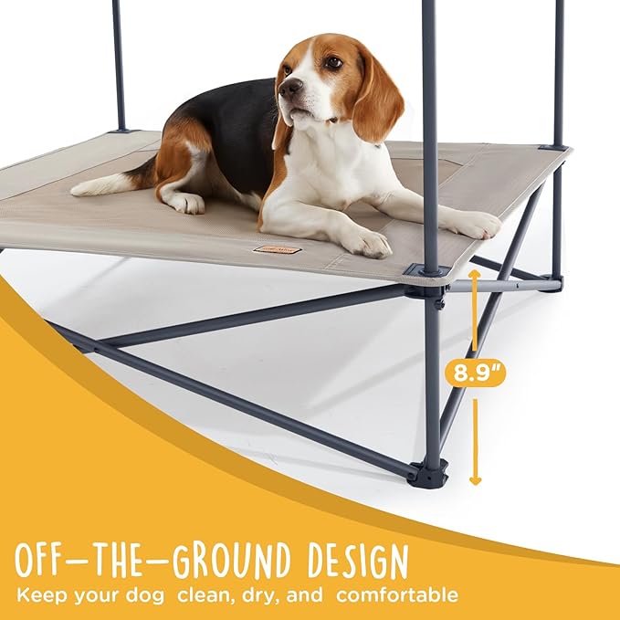 Piper Pop-Up Canopy Cot - Large Foldable Elevated Dog Bed with Waterproof Shade, Cooling Mesh, Heavy Duty up to 110 lbs, Perfect for Camping and Home, Tan, 35"x 35"