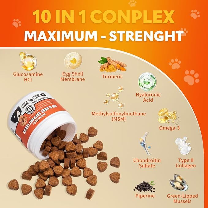 Glucosamine for Dogs Hip and Joint Supplement Chews Treats for Dogs with MSM, Chondroitin Dog Joint Pain Relief Mobility Supplements Chicken Flavor Fit All Large Small Medium Breed- 120 Ct