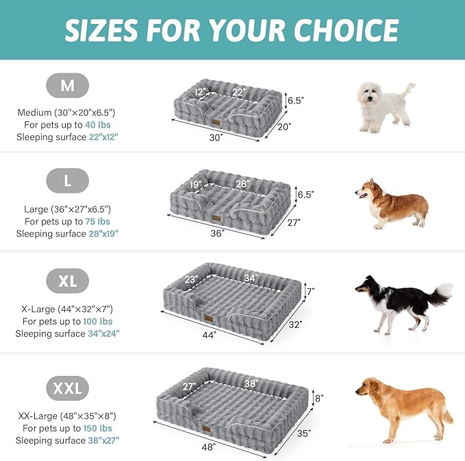 Orthopedic Dog Bed for Extra Large Dog, Faux Fur Giant Pet Sofa, Big Foam Bolster Couch with Waterproof Lining Cover, Anti-Slip, Soft, Warm, Washable, C-Shaped, XXL 48x35x8 inch, Grey