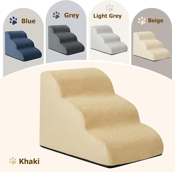 Dog Ramp and Stairs for Small Dogs & Cats,3-Step Pet Stairs for Couch Sofa and Chair,Indoor Anti-Slip Dog Stairs for Old Cats and Puppy,Khaki
