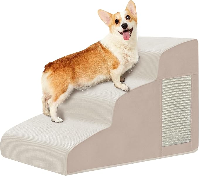 Pet Stairs, Dog Stairs for Small Dogs, Dogs Steps, 3-Step Curved Dog Ramp for Bed, Couch, Sofa, Car and Chairs, Non-Slip Bottom Design, Cat Scratching Board, High Density Foam Portable Pet Step, Beige