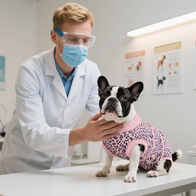 Kuoser Dog Recovery Suit Female, Soft Puppy Surgery Suit, Dog Recovery Suit After Surgery, Post-Op Onesie for Female & Male Dogs, Soft Protective Wear, PinkLeopard S