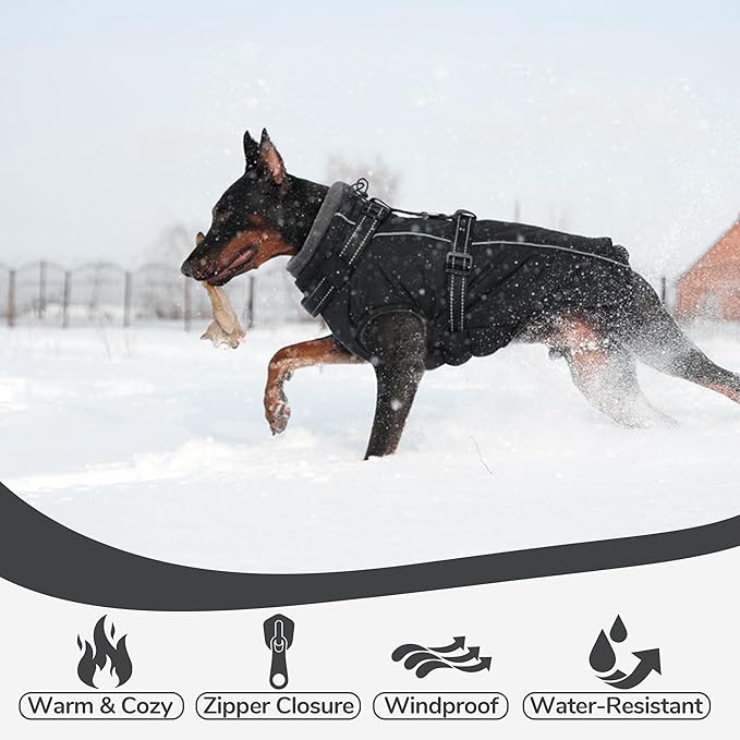PUMYPOREITY Winter Fleece Coat for Small Dogs, Reflective Dog Jacket with Harness Built in, Waterproof Warm Coat for Dogs, Cold Weather Coats for Outdoor, Therma Windproof Pet Snowsuit, Black,XS
