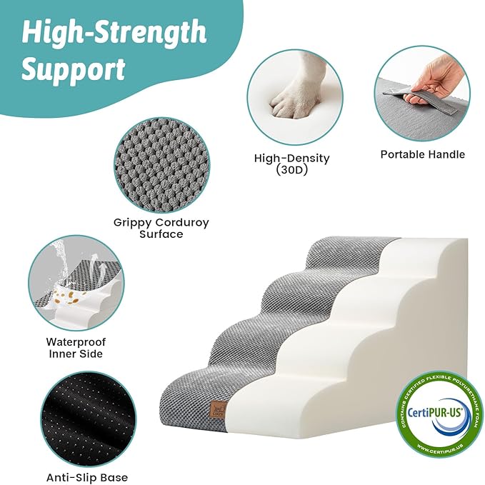Dog Stairs for Small Dogs 15.7" H, 4-Step Slope Dog Steps for Bed, Couch or Chair, Sturdy Pet Ramp for Puppy, Older Cat, Pet Ladder with High Density Foam, 15.7x28.3x15.7 inch, Gray