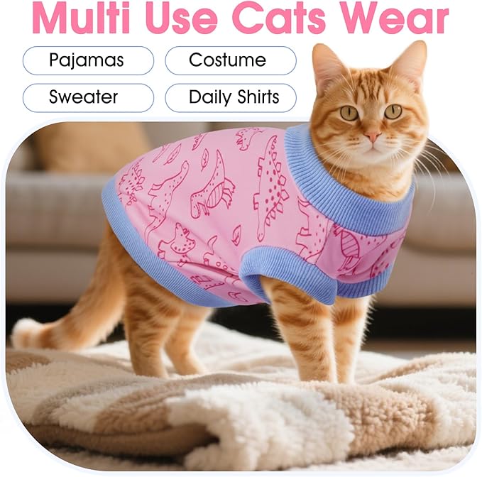 DENTRUN Sleeveless Cat Vest with Dinosaur Print, Breathable Ultra-Soft Dralon Fleece Cat Sweater, All-Season Pet Costume Apparel for Cats, Kitten Clothing for Indoor/Outdoor, Pink, S