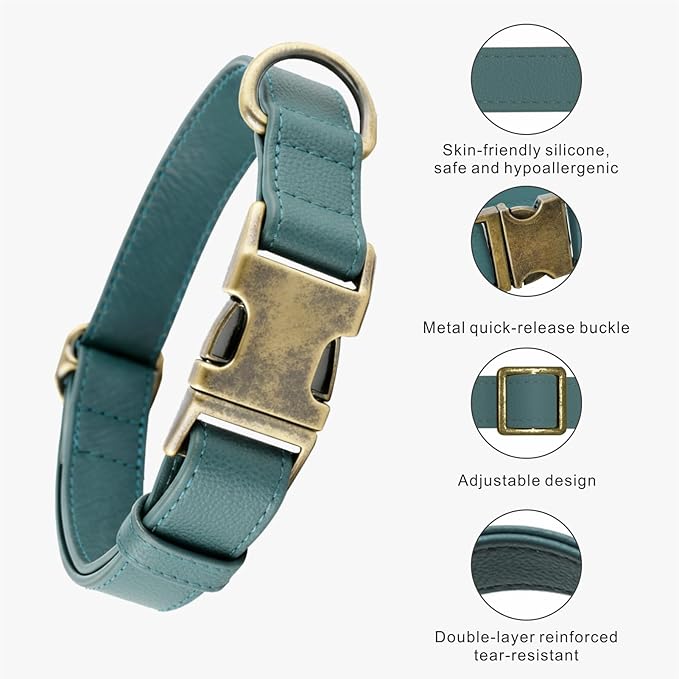Silicone Dog Collar and Leash Set, Waterproof & Odor-Proof Puppy Collar for Medium Dogs, Soft Flexible Leather-Look Dog Collars, Durable Thick Adjustable Pet Collar (Green, Medium (11.5-18.5" Neck))