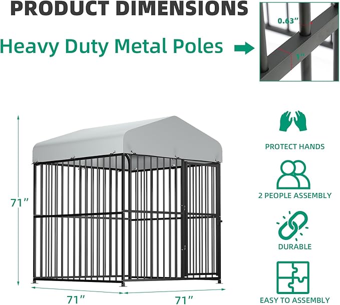 VIVIJASON 6 x 6 x 6 Ft Large Outdoor Dog Kennel, Heavy Duty Metal Frame Dog Cage with Thickened Bars, UV & Waterproof Cover, Outside Pen Playpen Dog Run House for Large to Small Dogs
