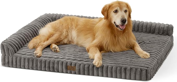 Cute Dog Bed, Faux Fur Orthopedic Foam Dog Bed with Sides, Removable Washable Cover & Waterproof Lining, Comfortable Pet Couch for Extra Large Dogs, Grey (48" L x 35" W x 7.5" Th)
