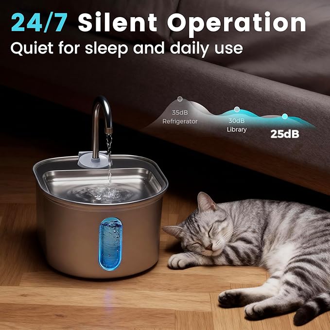 Cat Water Fountain Stainless Steel, 108oz/3.2L Quiet Automatic Cat Fountain for Drinking, Safe Auto Shut-Off, Large Oval Pet Water Dispenser for Dogs Indoor with 1 Replacement Filter