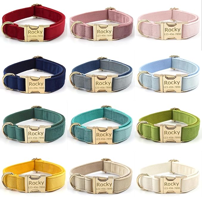 Personalized Velvet Dog Collars with Pet Name Phone Number Engraved, Custom Adjustable Soft Collar with Metal Buckle for Small Medium Large Dogs, Dog Leash and Bow Tie Available -Dark Grey