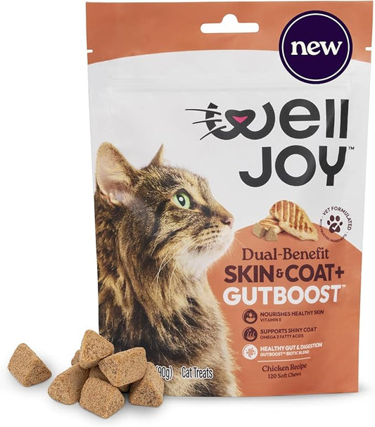 WIJ WellJoy Cat Treat Skin & Coat+ GutBoost | Nourishes Healthy Skin | Supports Shiny Coat | Dual-Benefit GutBoost Formulation | Vet Formulated | Made in USA | Real Shredded Chicken | 120 Soft Chews
