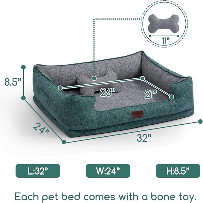 Hollypet Orthopedic Rectangle Dog Bed for Medium Dogs, Supportive Egg-Crate Foam Pet Beds with Removable Washable Waterproof Cover and Non-Slip Bottom, Green, 32" L x 24" W x 8.5" Th