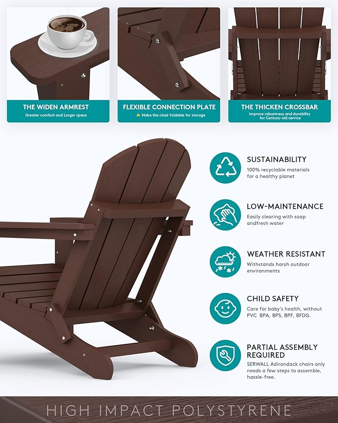 SERWALL Folding Adirondack Chair for Outdoor, All-Weather Patio Chairs with Wood Texture, Fire Pit Chairs for Deck Porch Garden (Folding Coffee)