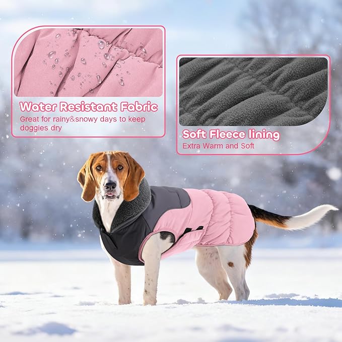 EMUST Dog Winter Coat, Thicken Fleece Lining Dog Snow Jacket Vest for Winter with Turtleneck, Adjustable Pet Puffer Jacket Snowsuit for Cold Weather, Pink XL