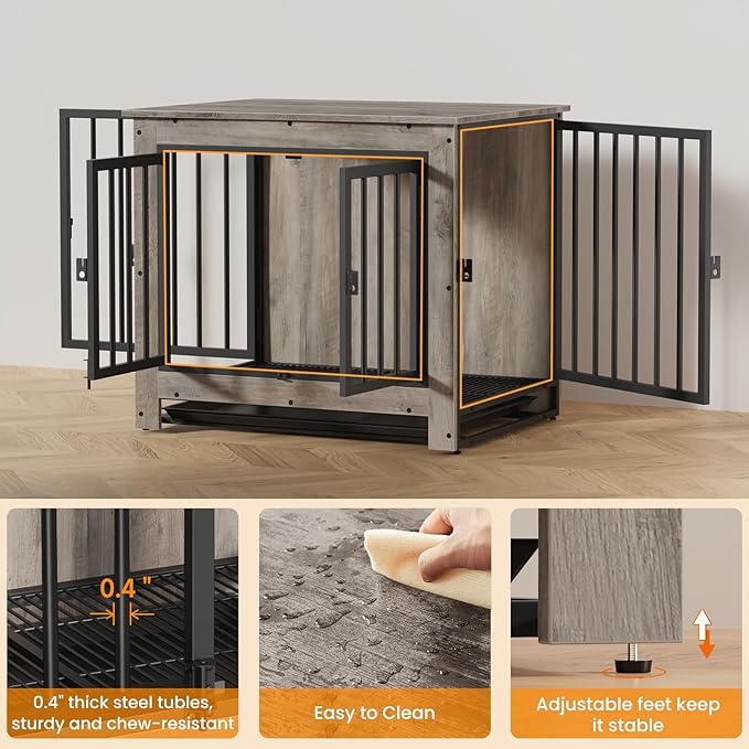 Dog Crate Furniture, 29 Inch Indoor Dog Kennel for Small Dogs Up to 30 LBS, Heavy Duty Wooden Pet Cage End Table with 3 Doors, Alloy Steel Frame & Removable Tray
