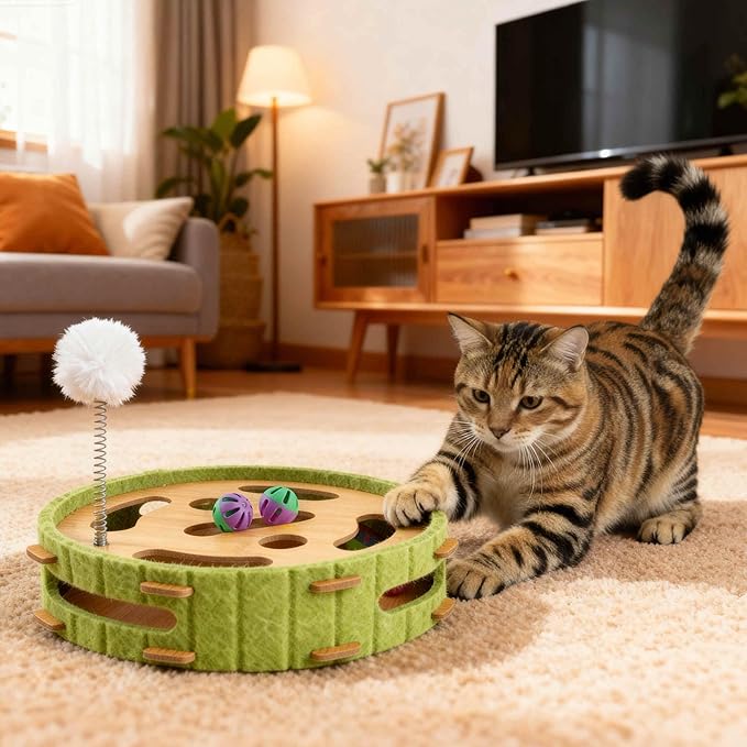 GLIDESMOOTH Interactive Cat Toy Puzzle Toys for Indoor, Felt Maze Box, Cat Toys, Mental Stimulation and Entertainment, Circle, Green, 1 Set