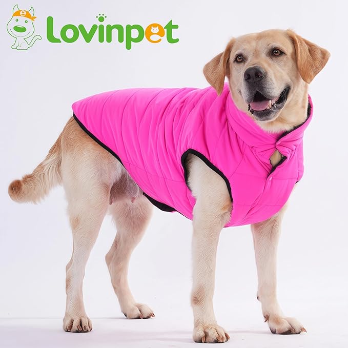 LovinPet Reversible Dog Puffer Coat for Medium & Large Dogs, Down‑Insulated Winter Jacket, Water‑Resistant & Wind‑Resistant, Anti‑Static, Dual-Sided Pink & Black for Cold Weather,XL