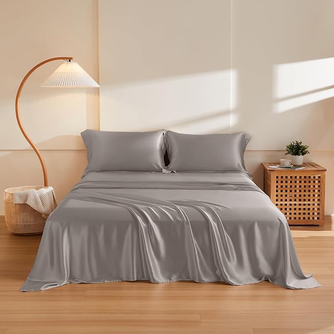 THXSILK Silk Sheet Set 4Pcs, 6A+ Top Grade 100% Natural Mulberry Silk Bed Sheets, Luxury Bedding Sets Ultra Soft Durable, 1 Fitted Sheet, 1 Flat Sheet and 2 Pillow Shams (Cal. King, Grey)