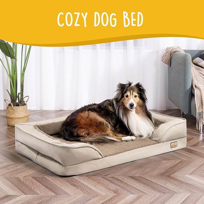 JoJo Dog Bed for Large Dogs, Washable Dog Sofa with Removable Cover, Supportive Foam Pet Couch Bed with Nonskid Bottom, Tan
