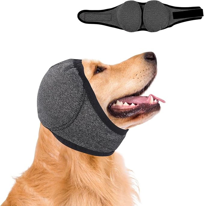 Dog Ear Muffs No Shake Ear Wraps for Dogs Ear Protection for Noise & Anxiety Relief Comfort Calming Hoodie, Protection Firework Grooming Bathing and Force Drying (Grey L)
