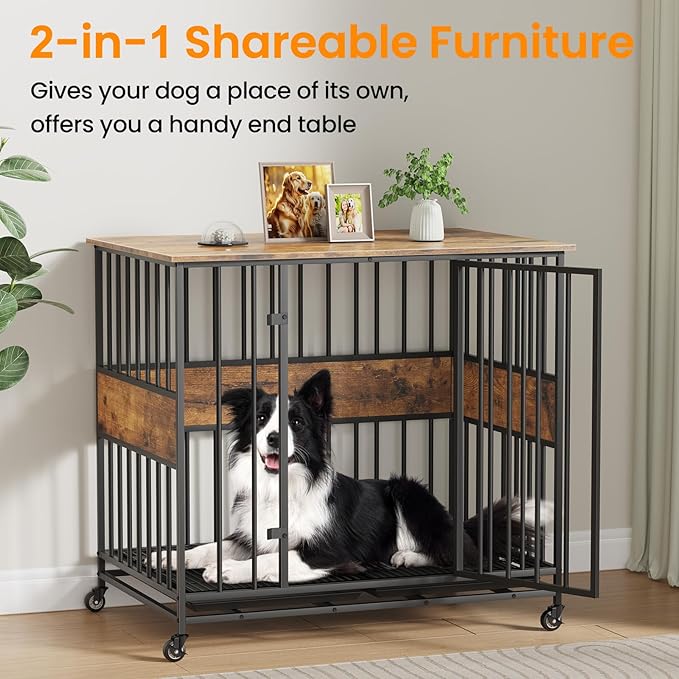Dog Crate Furniture for Medium Dogs, 38 Inch Indoor Medium Kennel, Wooden Pet Cage Decorative Corner End Table with Caster Wheels & Double Removable Tray, Rustic Brown
