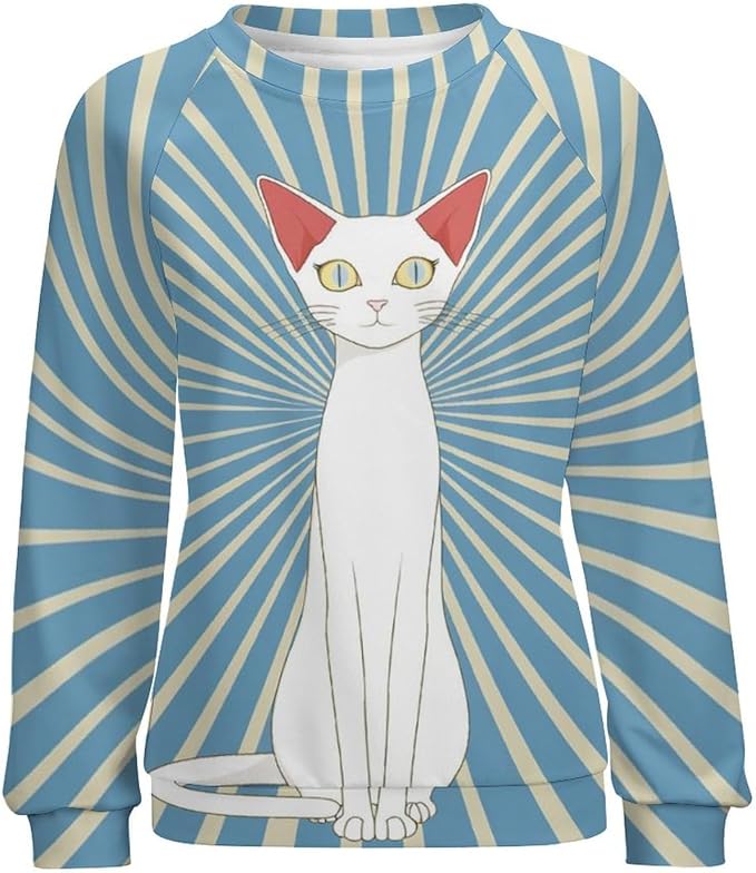 Biacolum Long Sleeve Shirts for Women Mid Century Retro Style Atomic Cat 3D Graphic Sweatshirts Fall Crewneck Pullover Top