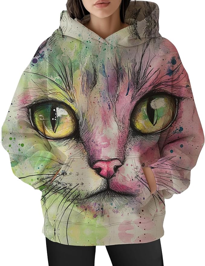 Womens Funny Cat Hoodies Oversized Graphic Hooded Sweatshirt for Women Fall Plus Size Pullover Hoodie Y2K