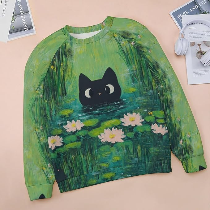 Womens novelty funny cat printed crewneck sweatshirt casual loose long sleeve graphic pullover sweatshirts tops