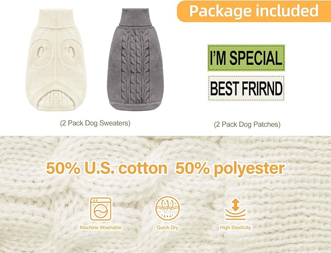 2 Pack Dog Sweaters for Small Dogs - Puppy Medium Warm Clothes in Winter, Turtleneck Pullover Design for Boy Girl Pet, Doggie, Cat, Kitten Chihuahua Bulldog Pug Beagles (S, Grey, Beige)