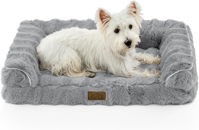 Faux Fur Orthopedic Dog Bed, Dog Bed for Medium Size, Supportive Foam Pet Sofa with Waterproof Lining Cover, Washable U-Shaped Pet Couch with Anti-Slip Bottom, Grey M 30x20x6.5 inch