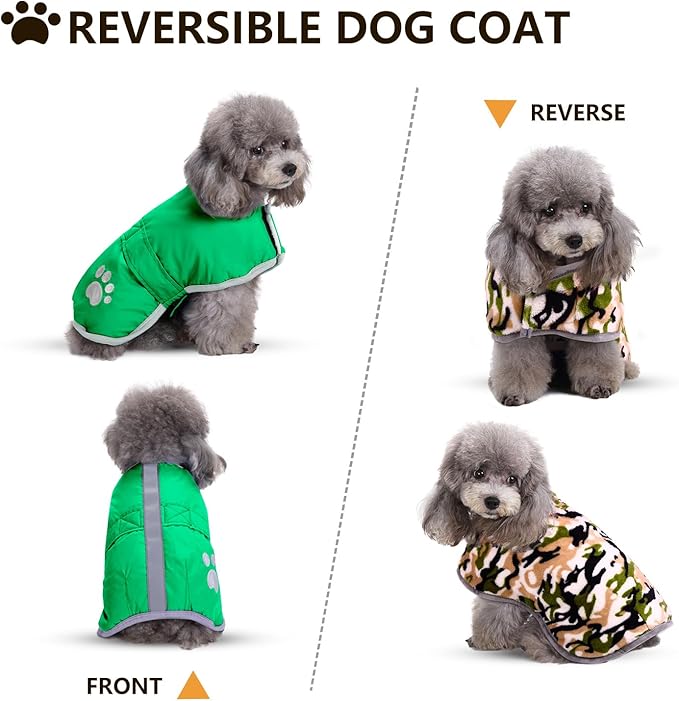 Queenmore Dog Winter Coat, Cold Weather Fleece Jacket for Dogs, Waterproof Reflective Reversible, for Small, Medium and Large Dogs (Green, S)