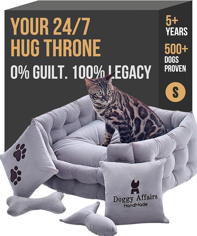 Luxury Dog Bed Chesterfield – Handcrafted Velvet Throne for Dogs | Joint Support, Calming & Temp-Regulating Comfort | Durable 5+ Years, Anti-Claw, Washable 100+ Times – Gray, Size: S
