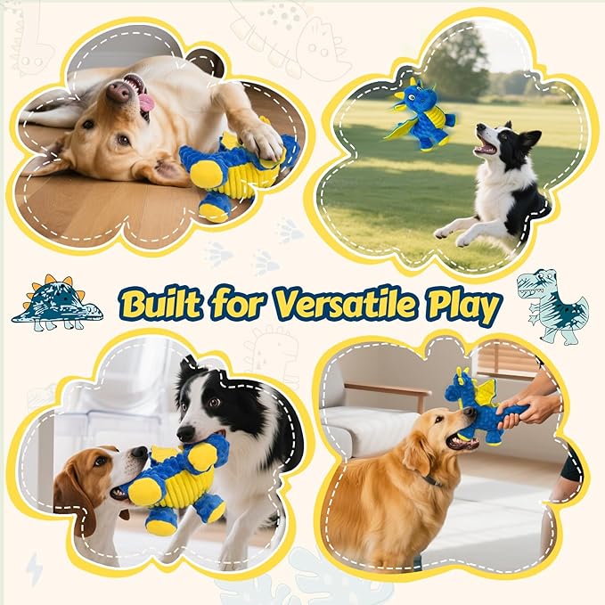 Squeaky Dog Toys - Soft Plush Dragon Dog Toy with 5 Squeakers & Crinkle Paper, Dog Toys for Small, Medium and Large Dogs (Blue,10")