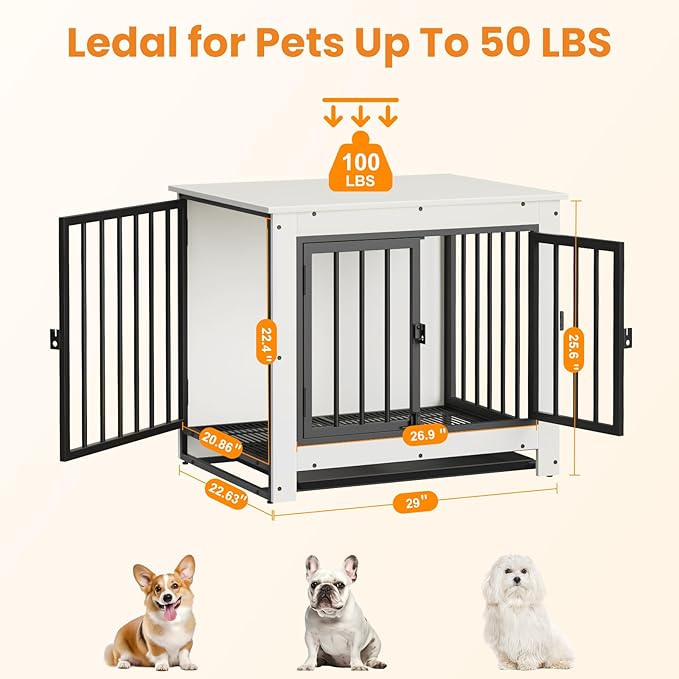 Dog Crate Furniture, 29 Inch Indoor Dog Kennel for Small Dogs Up to 30 LBS, Heavy Duty Wooden Pet Cage End Table with 3 Doors, Alloy Steel Frame & Removable Tray