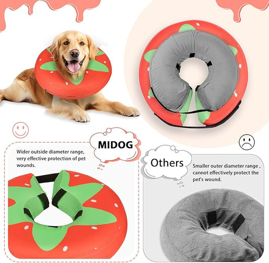 MIDOG Soft Inflatable Dog Cone,Donut E-Collar Alternative for After Surgery, Prevents Licking,Allowing Normal Eating & Vision,Comfortable Recovery Collar for Small Medium Large Dogs&Cats,Strawberry-M+