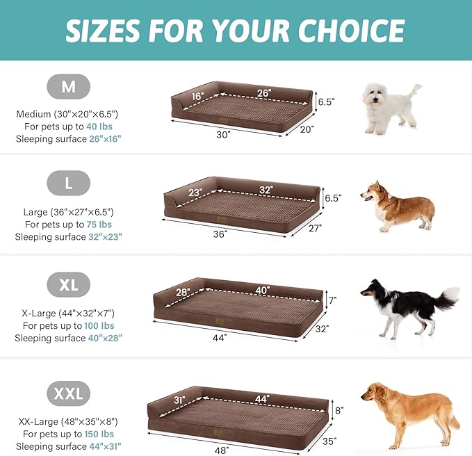 Orthopedic Dog Bed for Large Medium Size Dog, Pet Sofa, Foam Bolster Couch with Waterproof Lining Cover, Anti-Slip, Washable, L-Shaped, L 36x27x6.5 inch, Brown