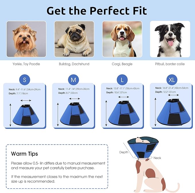 Queenmore Dog Cones for Small Dogs, Soft Cone for Dogs After Surgery, Adjustable Comfy Cone for Dogs & Cats, Comfortable Pet Cone After Surgery for Wound Healing, Blue S
