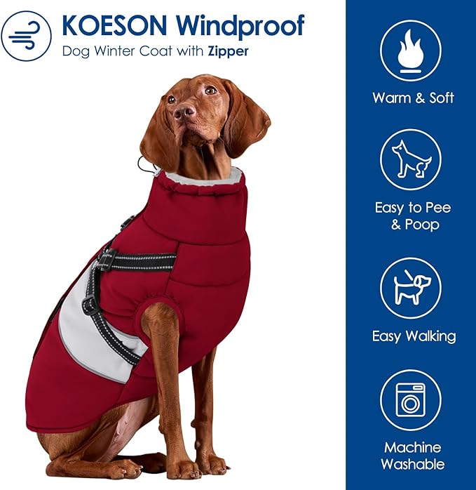 KOESON Dog Winter Coat, Waterproof Dog Jacket with Harness Built in, Warm Windproof Cold Weather Coat for Small Dogs, Reflective Pet Fleece Vest Zip-Up with Fur Collar, Burgundy XS