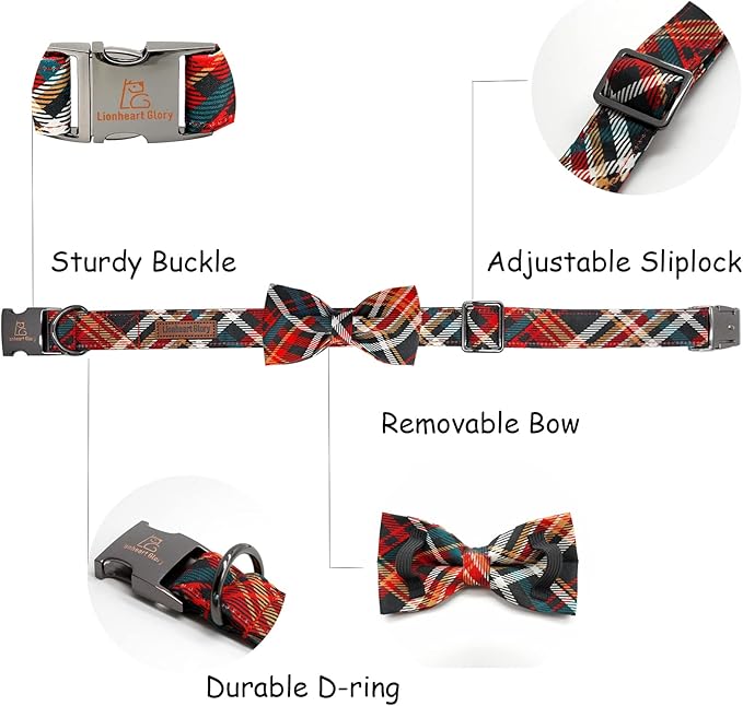 Lionheart Plaid Dog Collar - Adjustable Bow Tie Collar for Large Dogs for Girl or Boy Dogs