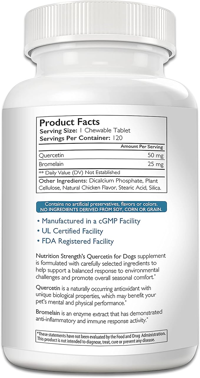 Quercetin for Dogs with Bromelain to Support Balanced Immune System, Promote Inflammatory Relief & Antioxidant Activity, Quercetin for Dog Allergies, 120 Chewable Tablets