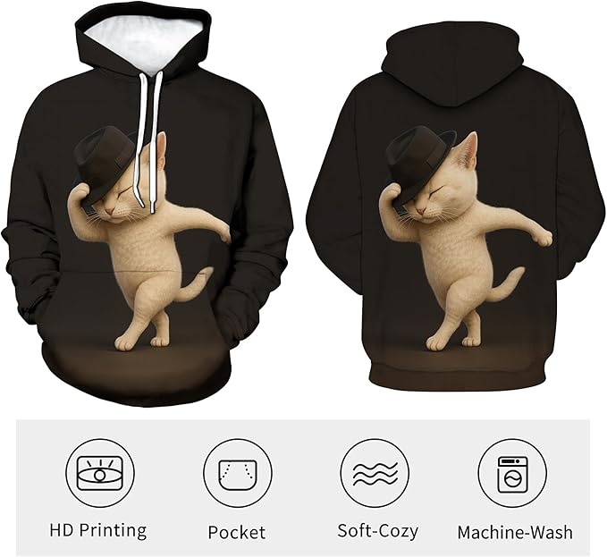 Blissboy Novelty Long Sleeve Hoodie Funny Cat Print Sweatshirts