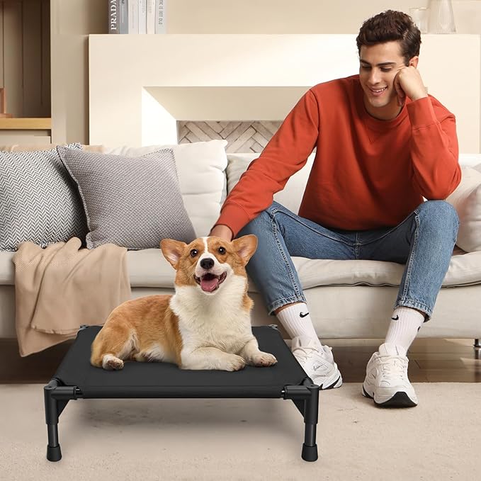 Love&go Elevated Dog Bed with Metal Frame, Cooling Raised Pet Cot for Dog and Cat (Small-18.5x18.5x5.5 inch, S - Black Bed)