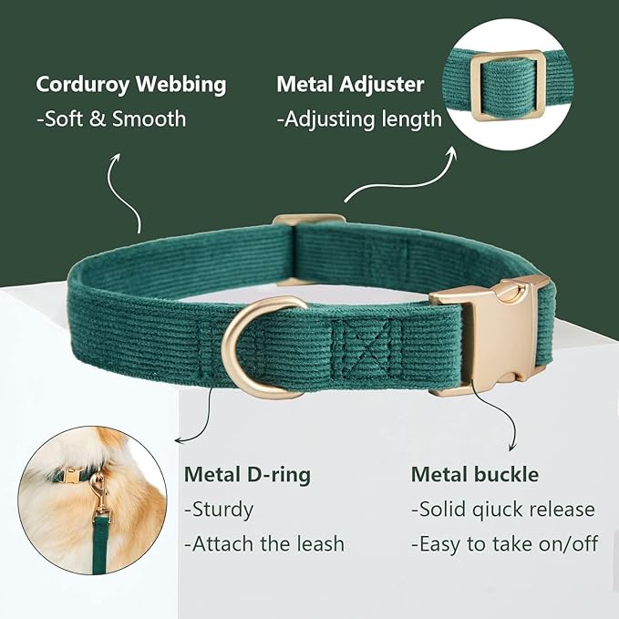 Soft Corduroy Dog Collar and Leash Set Adjustable Durable Dog Collars with Metal Buckle and Lead for Large Dogs,Dark Green