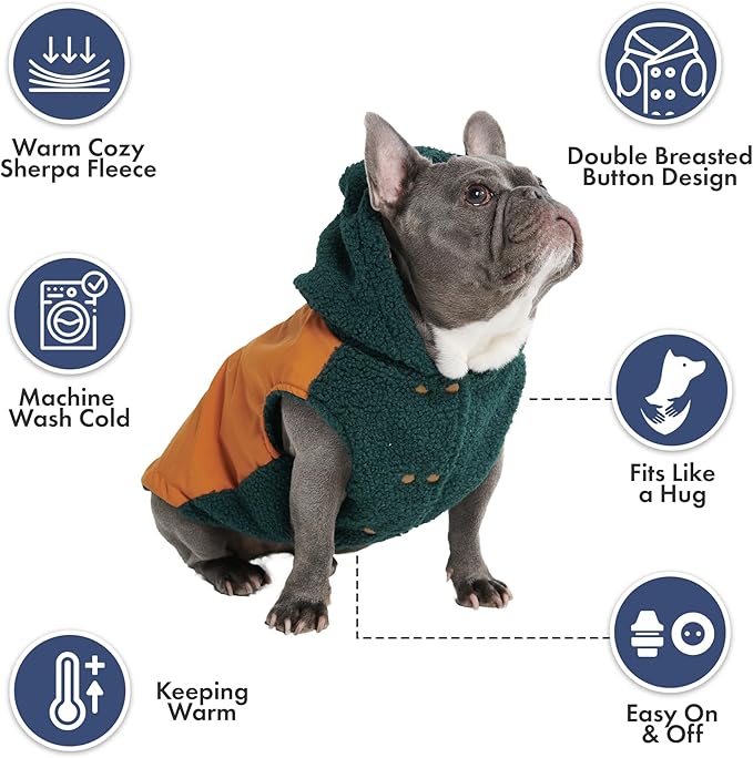 Spark Paws Reversible Fleece Dog Jacket, Hooded Sweater Vest, Warm Coat for Winter - Suitable for Small Medium Large XL XXL Dogs - Orange and Green - L