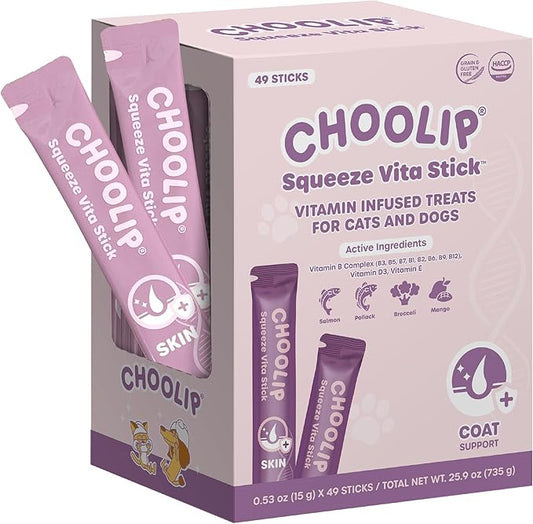 Choolip Squeeze Vita Stick Lickable Cat Treats & Dog Puree – 49-Count Skin & Coat Support Tubes, Creamy Grain-Free High-Protein Puree with Omega 3, Biotin & Vitamins for Healthy Fur & Skin