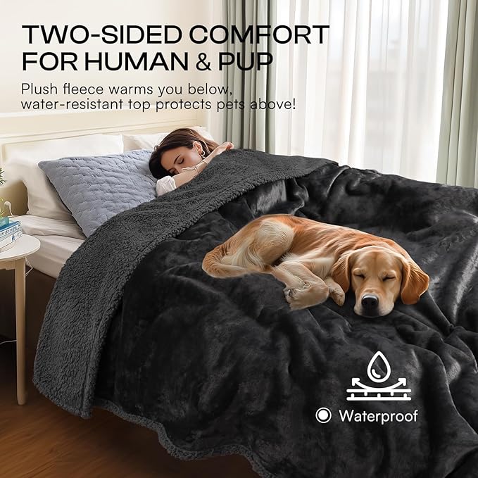 Luciphia Waterproof Pet Blanket, Liquid Pee Proof Dog Blanket for Sofa Bed Couch, Reversible Sherpa Fleece Furniture Protector Cover for Small Medium Large Dogs Cats, Black Queen Size（90" x 82"）