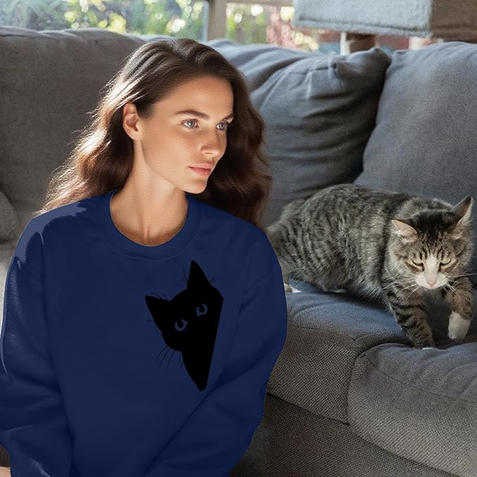 Cat Sweatshirts for Women Graphic Print Sweatshirt Funny Long Sleeve Shirt Cute Pullover Lightweight Hoodie Tops